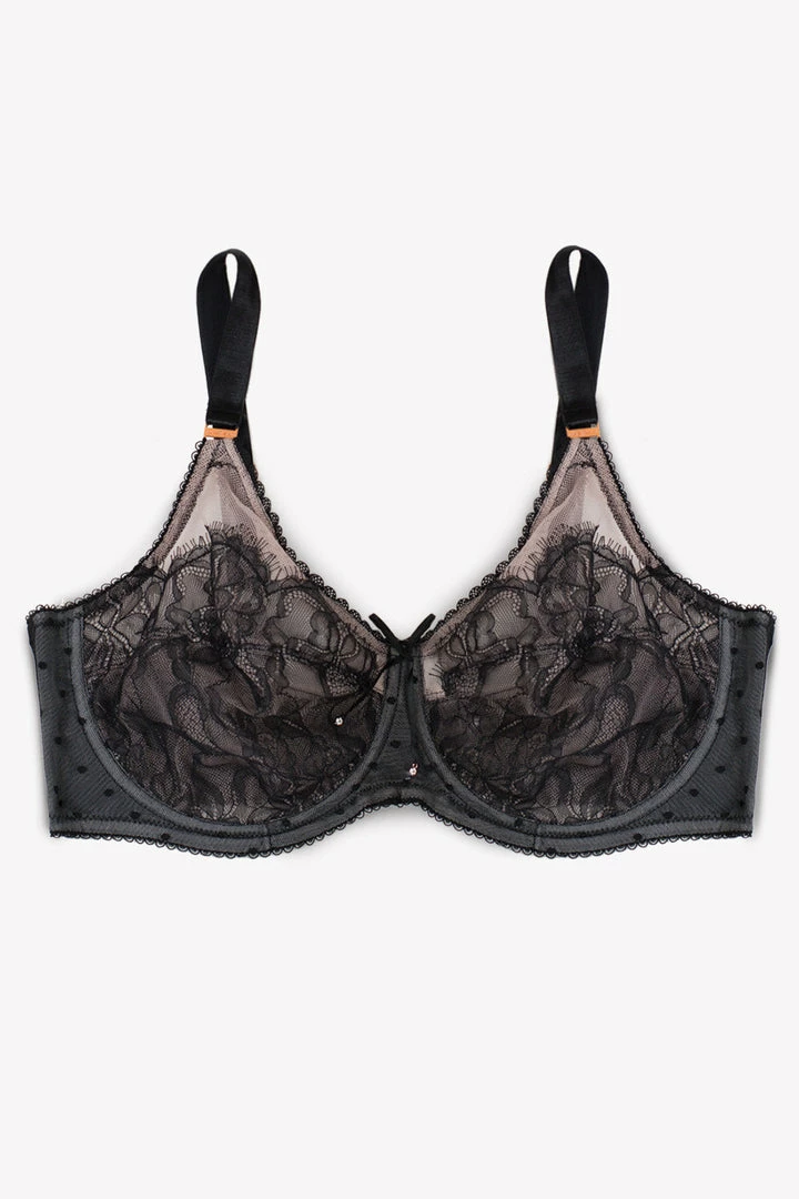 SAS Plus Size Retro Lace & Mesh Unlined Underwire Bra | Black Hue W/ Blushing Rose 4 SAS Plus Size Retro Lace & Mesh Unlined Underwire Bra | Black Hue W/ Blushing Rose