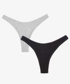 SAS Comfort Cotton Rib High Leg Thong 2 Pack | Light Grey Heather Cotton/Black Hue Cotton Panties