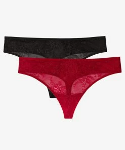 SAS Lace Trim Mesh Thong Panty 2 Pack | Black Hue/No No Red Smooth Lace