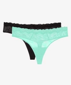 SAS Lace Trim Thong Panty 2 Pack | Mint Chip/Black