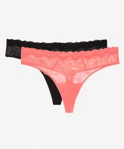SAS Panties Lace Trim Thong Panty 2 Pack | Punchy Peach/Black Hue