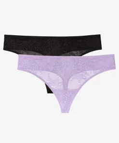 SAS Lace Trim Mesh Thong Panty 2 Pack | Black Hue/Lilac Iris Smooth Lace