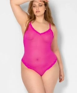 SAS Sheer Lace & Mesh Bodysuit | Electric Pink Mesh