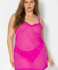 SAS Sheer Lace & Mesh Chemise Lingerie | Electric Pink Mesh