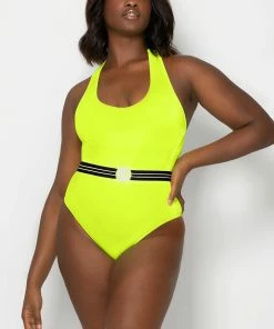 SAS Racerback One Piece Swimsuit | Neon Yellow W/ Stripe Belt Swimwear