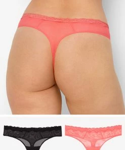 SAS Panties Lace Trim Thong Panty 2 Pack | Punchy Peach/Black Hue
