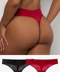 SAS Lace Trim Mesh Thong Panty 2 Pack | Black Hue/No No Red Smooth Lace