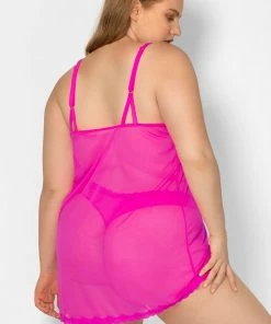 SAS Sheer Lace & Mesh Chemise Lingerie | Electric Pink Mesh