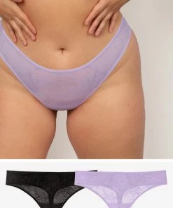 SAS Lace Trim Mesh Thong Panty 2 Pack | Black Hue/Lilac Iris Smooth Lace