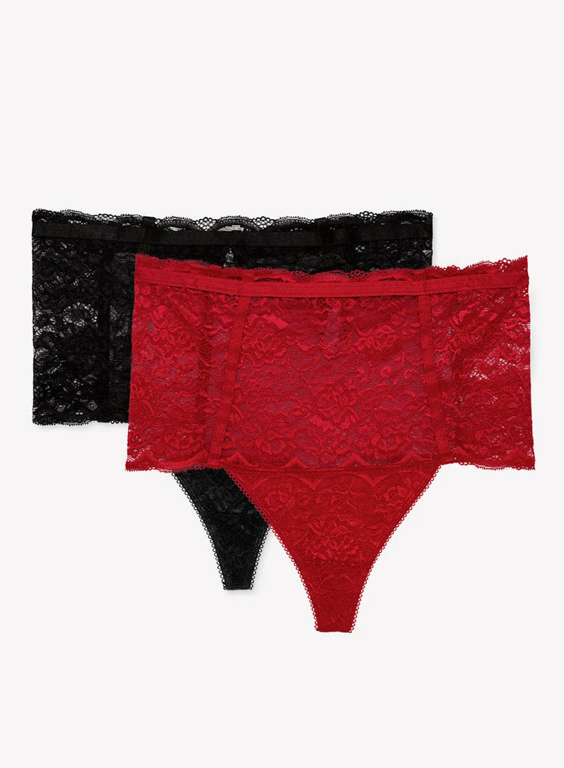 SAS Lace & Mesh High Waisted Thong 2 Pack | No No Red/Black Hue 1 SAS Lace & Mesh High Waisted Thong 2 Pack | No No Red/Black Hue