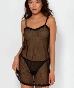 SAS Sheer Lace & Mesh Chemise Lingerie | Black Dot Mesh