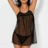 SAS Lace & Mesh Babydoll Nightie And Thong Panty Lingerie Set | Black Dot Mesh