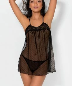 SAS Lace & Mesh Babydoll Nightie And Thong Panty Lingerie Set | Black Dot Mesh